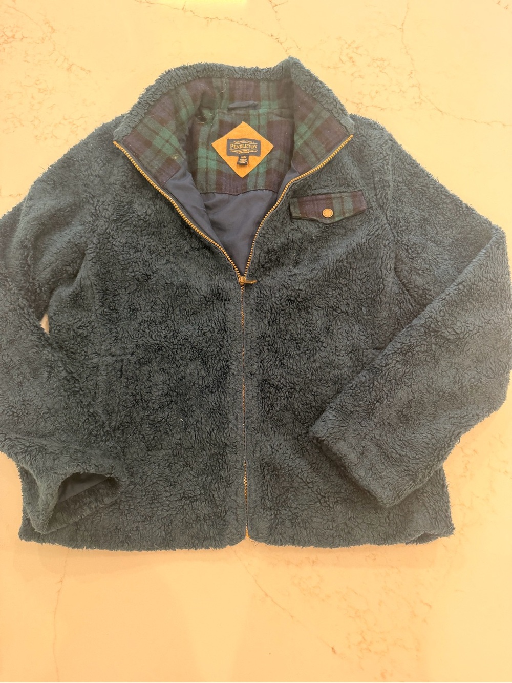 Pendleton Women’s Sherpa Fleece Jacket Medium Teal Plaid Full Zip Teddy Coat